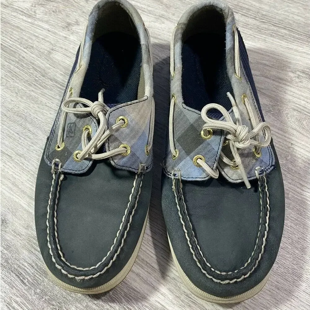 Sperry Top Sider Navy Blue Plaid Boat Shoes Loafers Leather Upper Size 7M